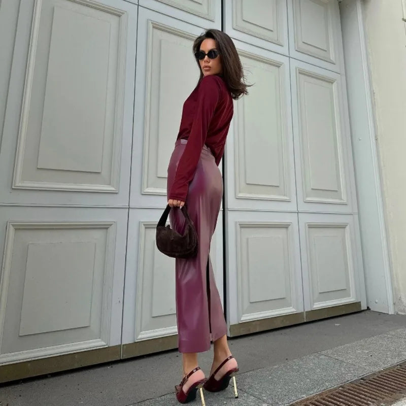 Burgundy Leather Long Skirt LAPANIA