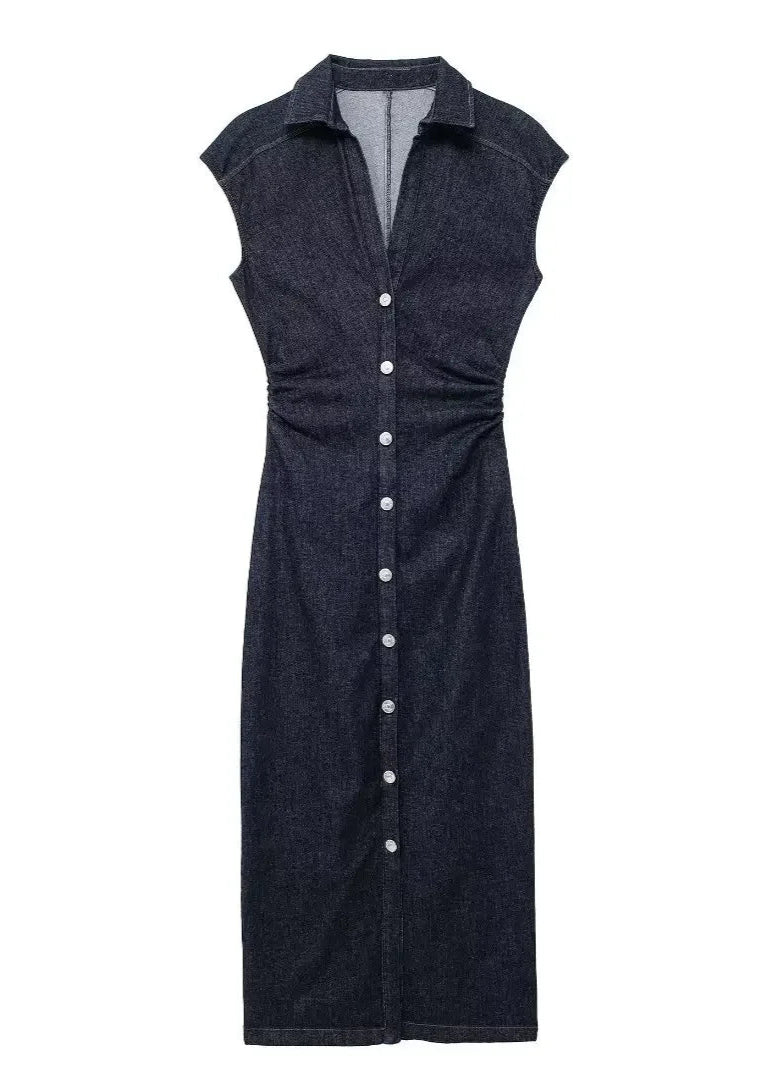 Sleeveless Button-Down Denim Midi Dress LAPANIA