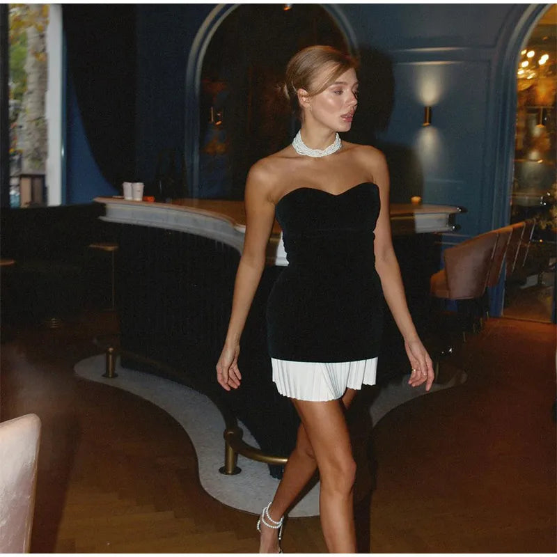 Black Velvet Pleated Hem Mini Dress LAPANIA