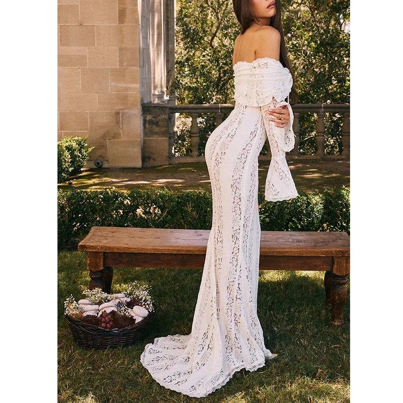 Off-Shoulder White Lace Maxi Dress