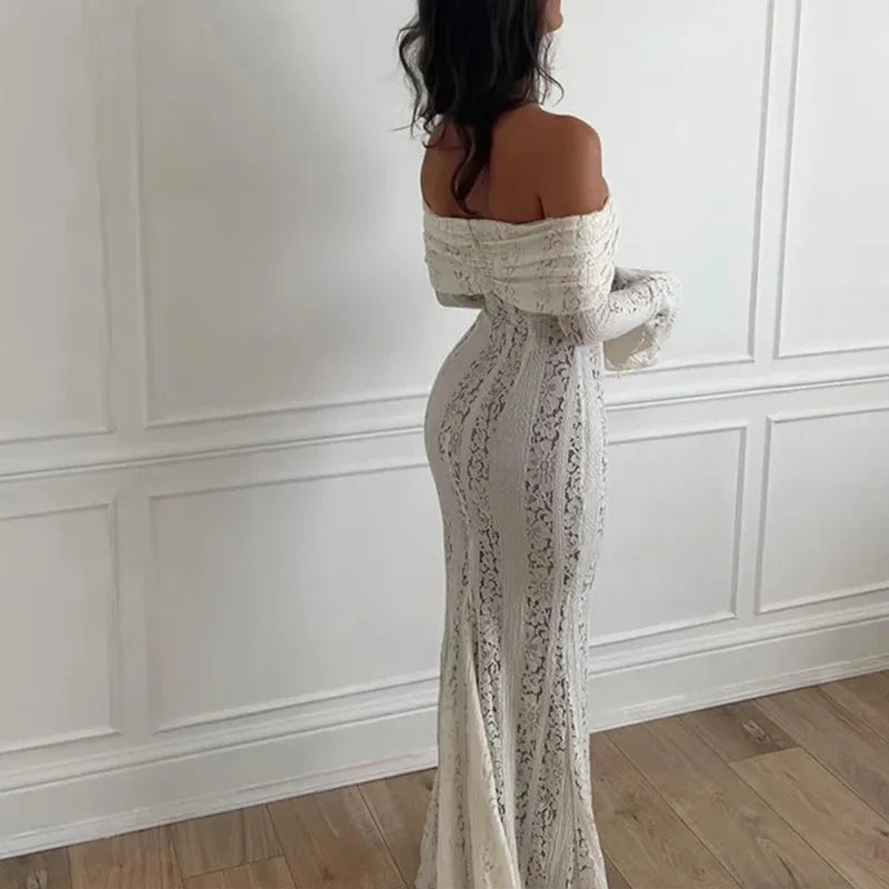 Off-Shoulder White Lace Maxi Dress