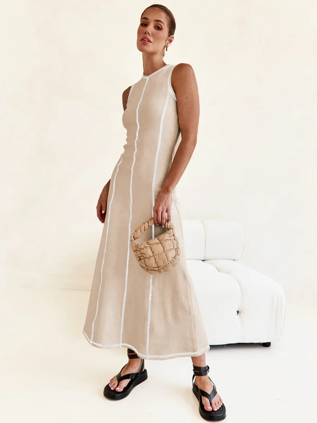 Sleeveless Contrast Ribbed Knit Maxi Dress LAPANIA