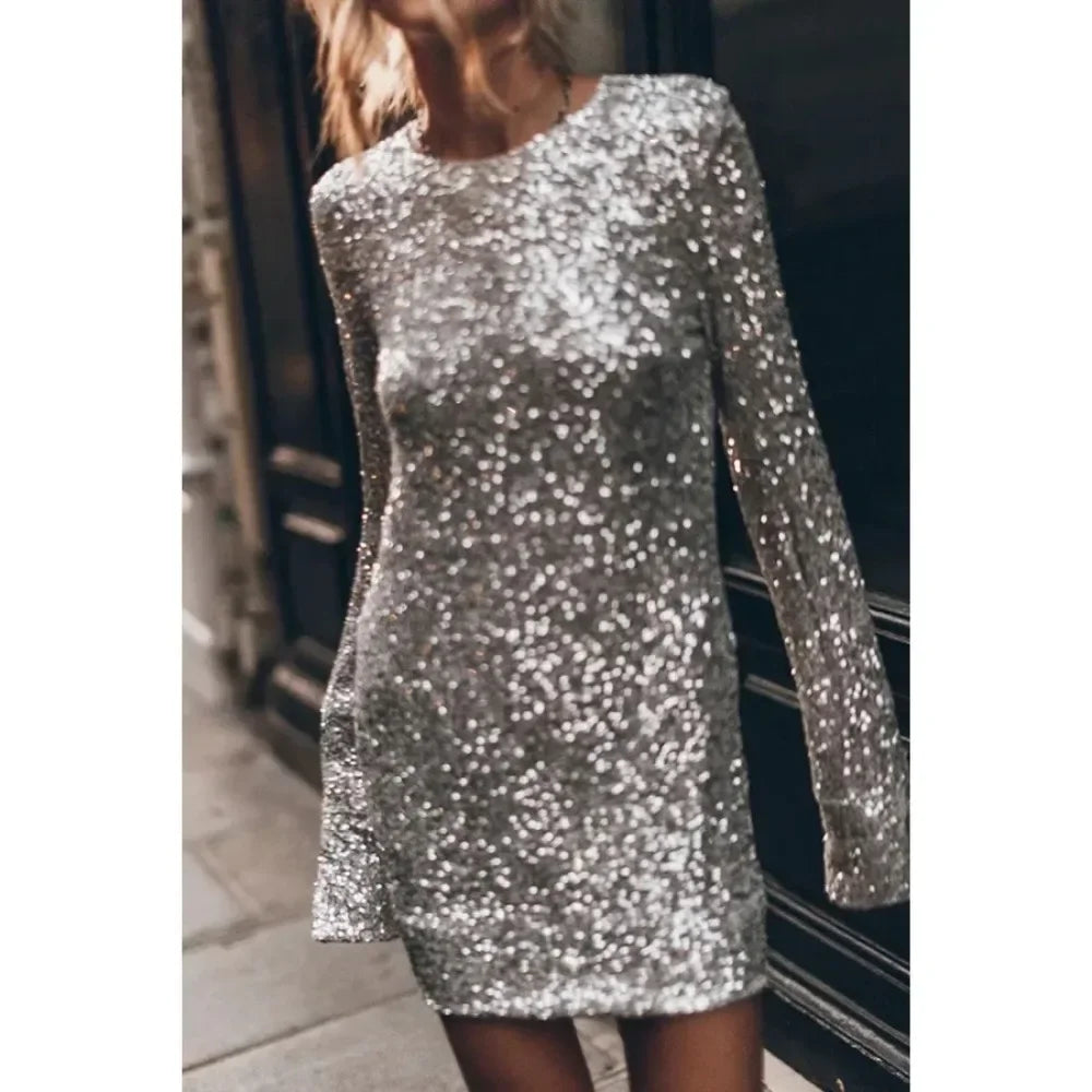 Solid Sequin Long Sleeve Dress LAPANIA