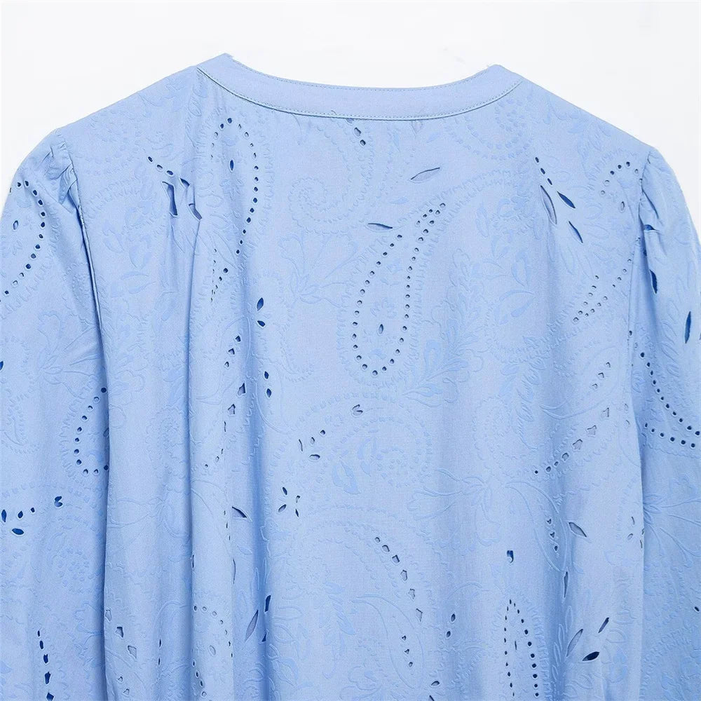 Blue V-Neck Embroidered Mini Dress LAPANIA