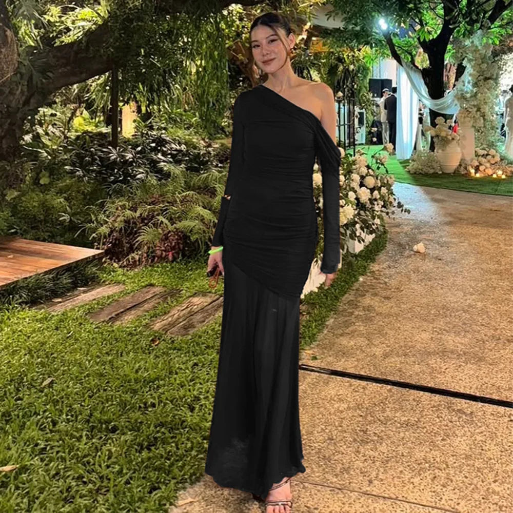 Off-Shoulder Mesh Ruffle Maxi Dress LAPANIA