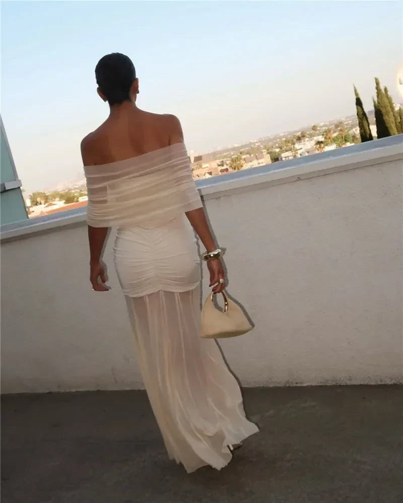 Off-Shoulder Mesh Maxi Dress LAPANIA