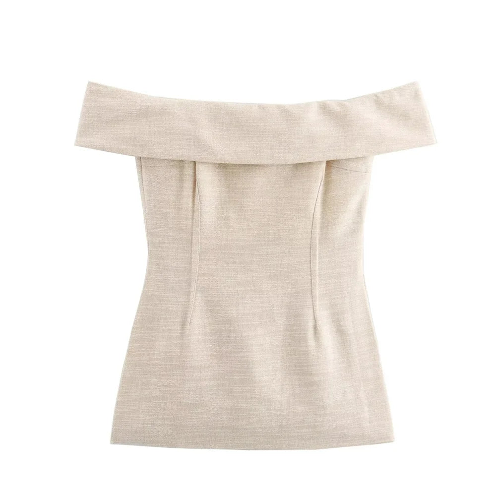 Sienna Beige Off-Shoulder Side-Slit Top LAPANIA