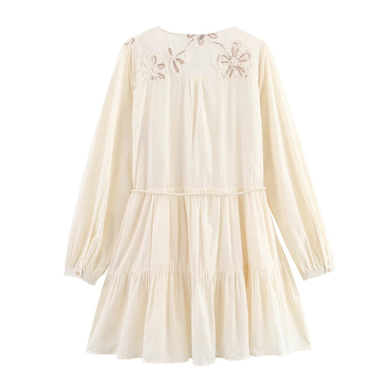 Floral Embroidery Belted Mini Dress LAPANIA
