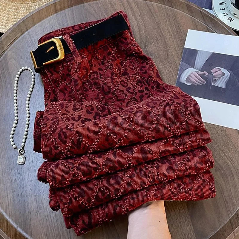 Burgundy Leopard Print Wide-Leg Jeans LAPANIA