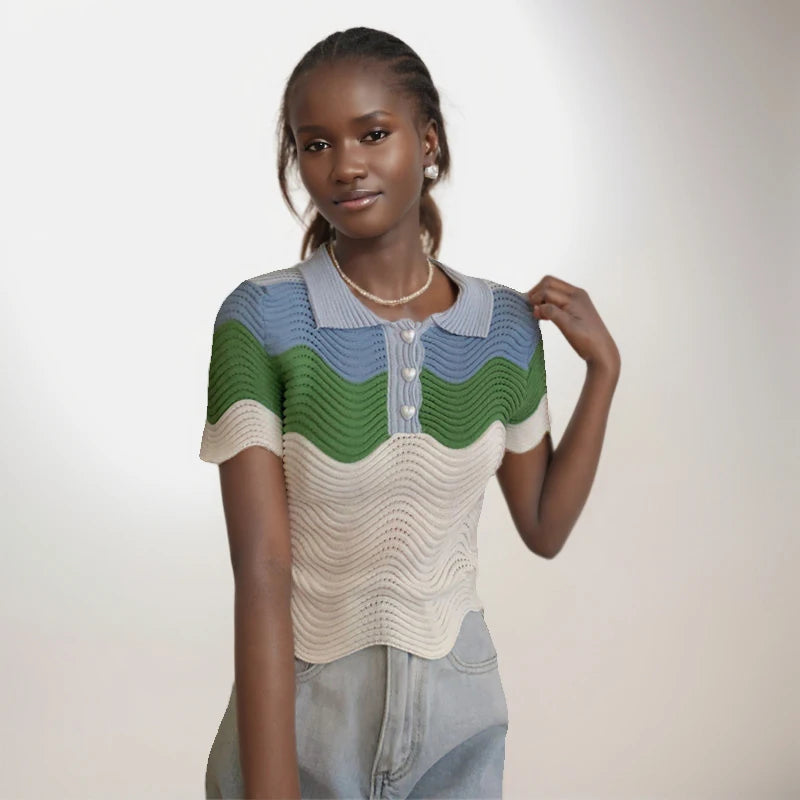 Wavy Contrast Knit T-Shirt LAPANIA