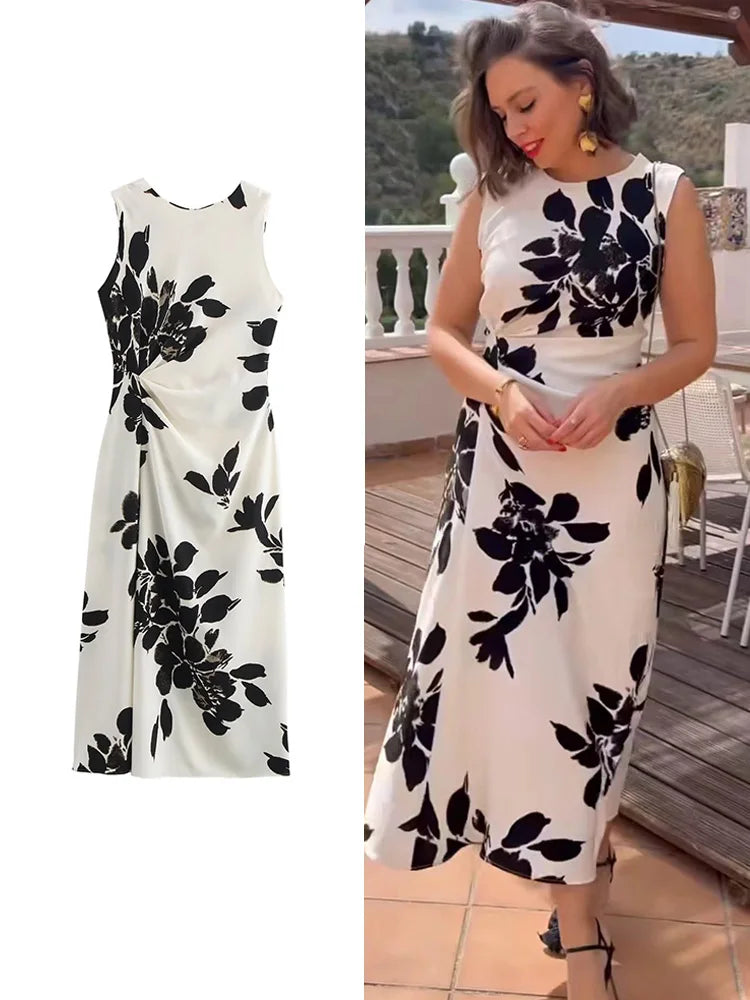 Floral Midi Dress with Draped Waist LAPANIA