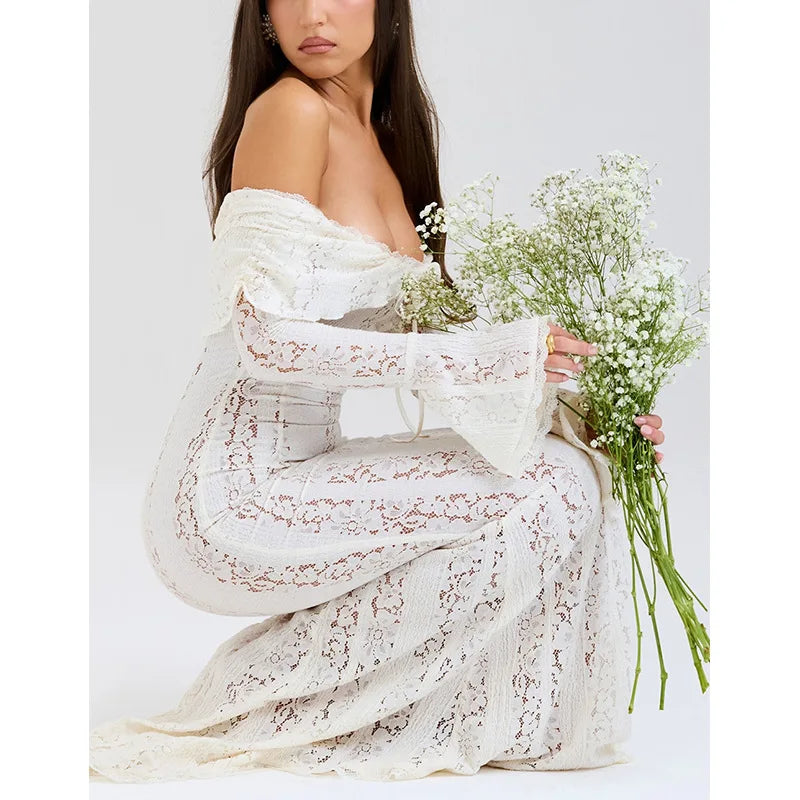 Off-Shoulder White Lace Maxi Dress