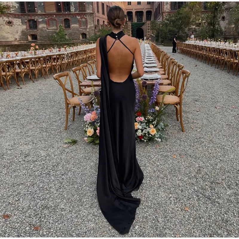 Solid Ribbon Halter Maxi Dress LAPANIA