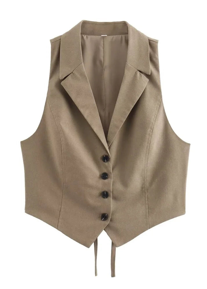 Khaki Buttoned Vest with Back Tie LAPANIA