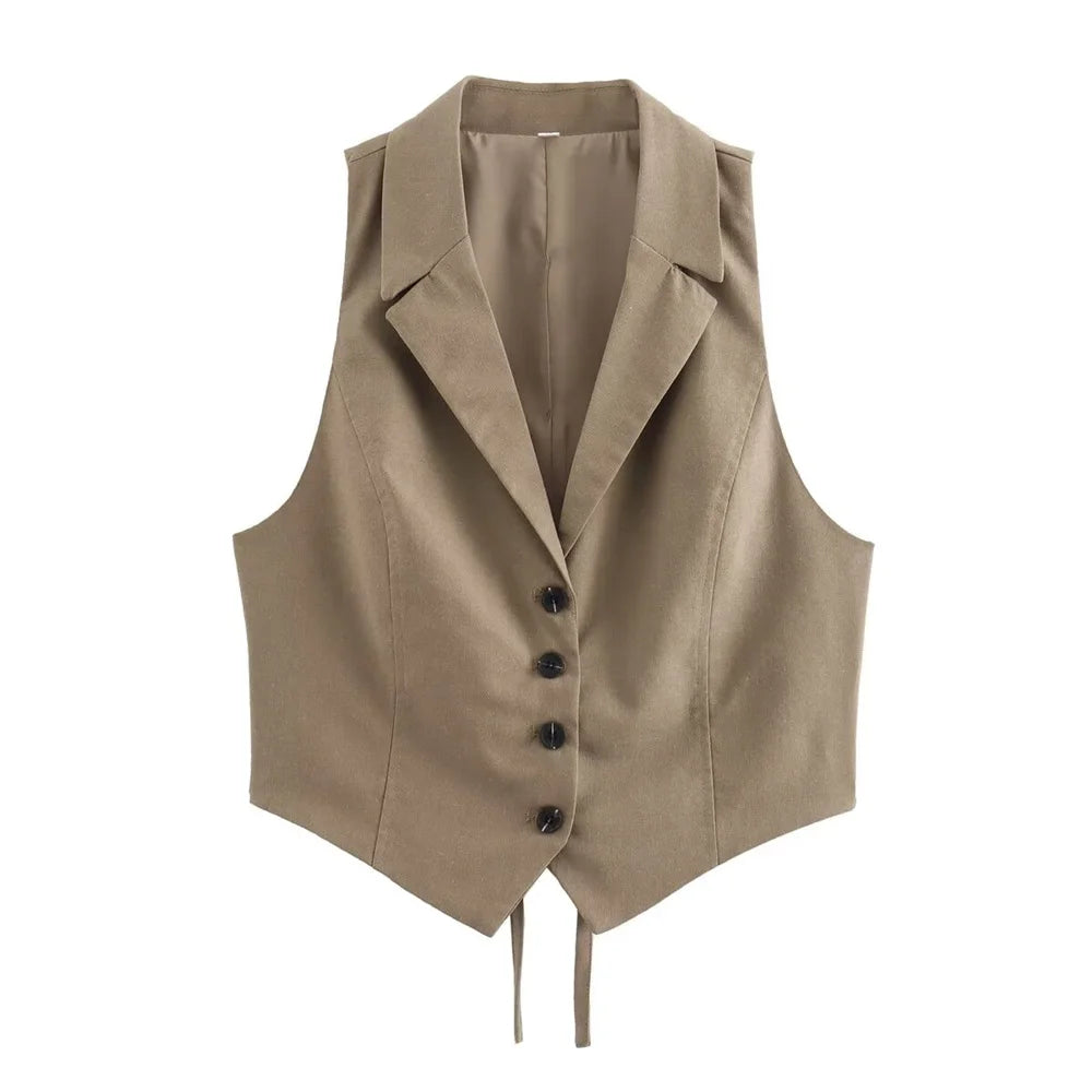 Khaki Sleeveless Vest and High-Waist Midi Skirt Set LAPANIA