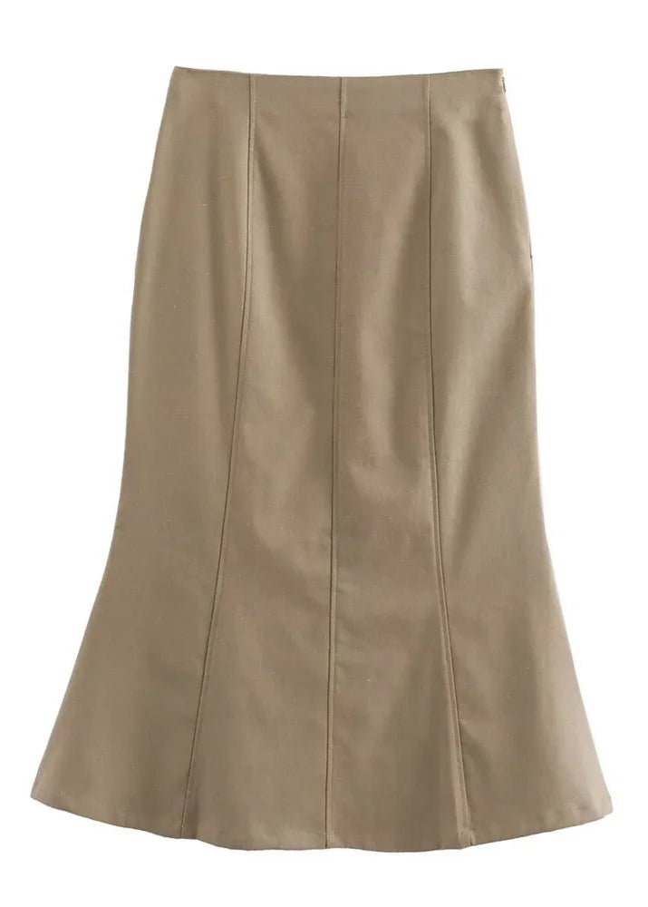 Khaki High-Waist A-Line Midi Skirt LAPANIA