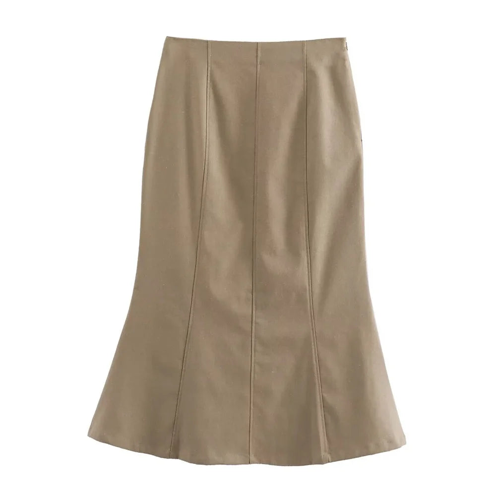 Khaki Sleeveless Vest and High-Waist Midi Skirt Set LAPANIA