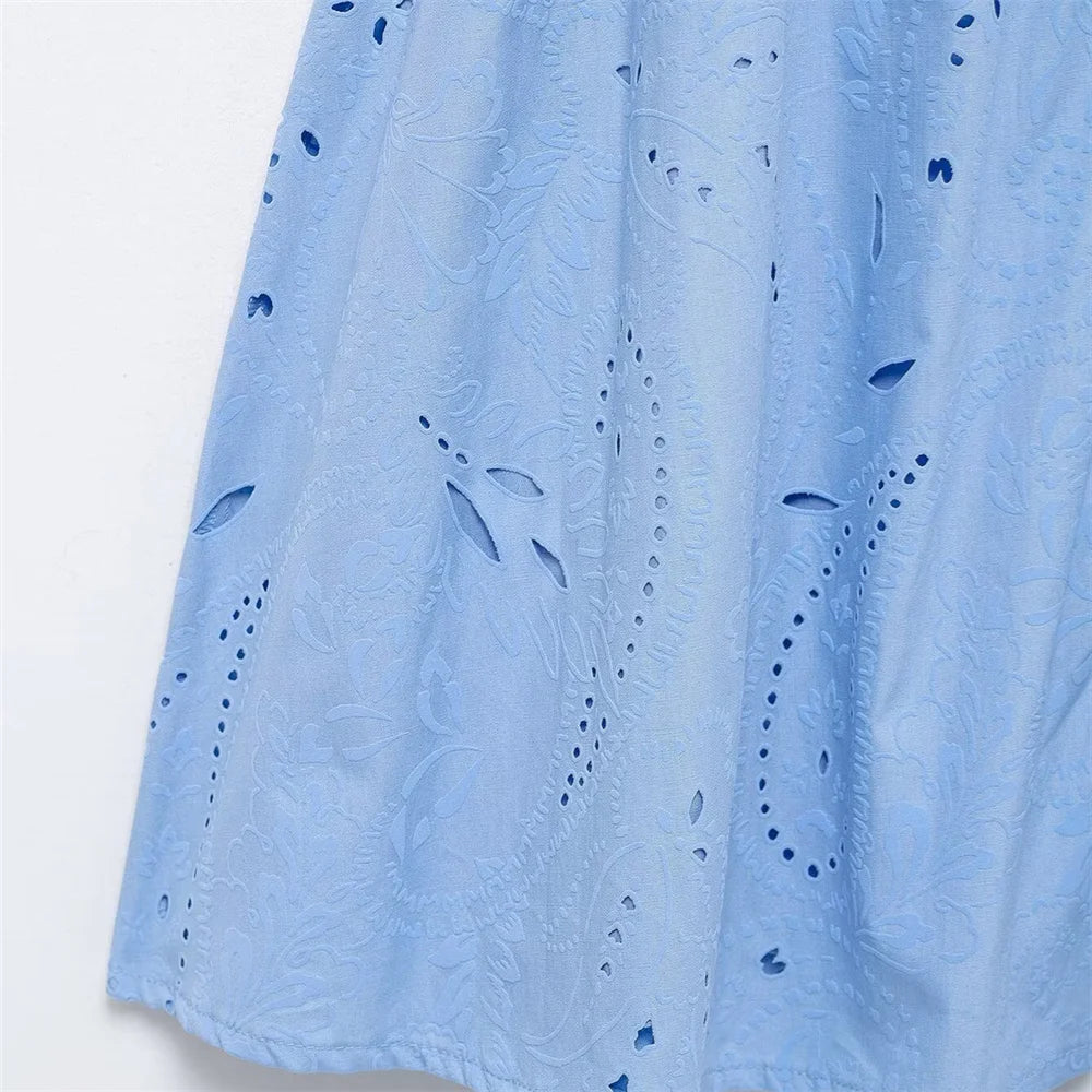 Blue V-Neck Embroidered Mini Dress LAPANIA