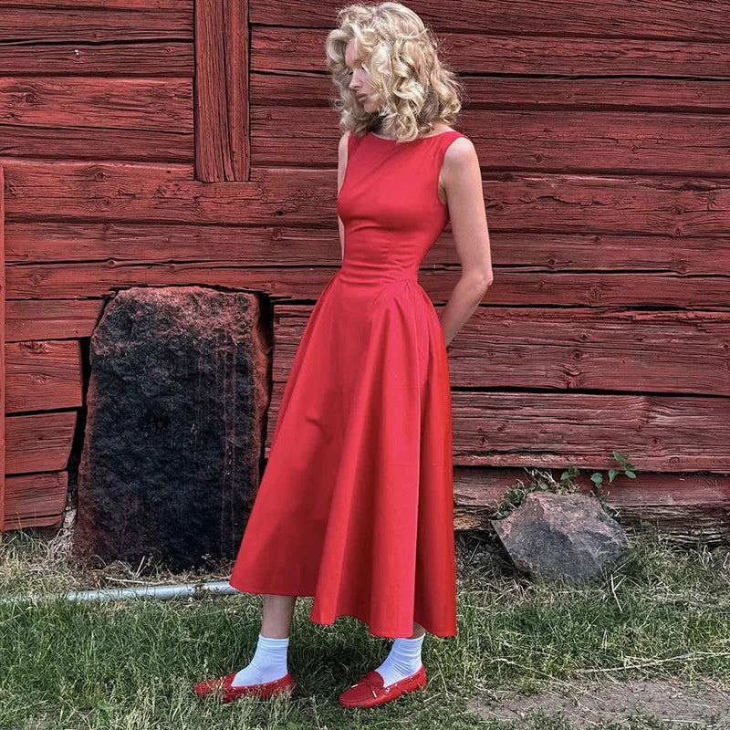 Red Pleated Long Dress with Wide Neckline LAPANIA