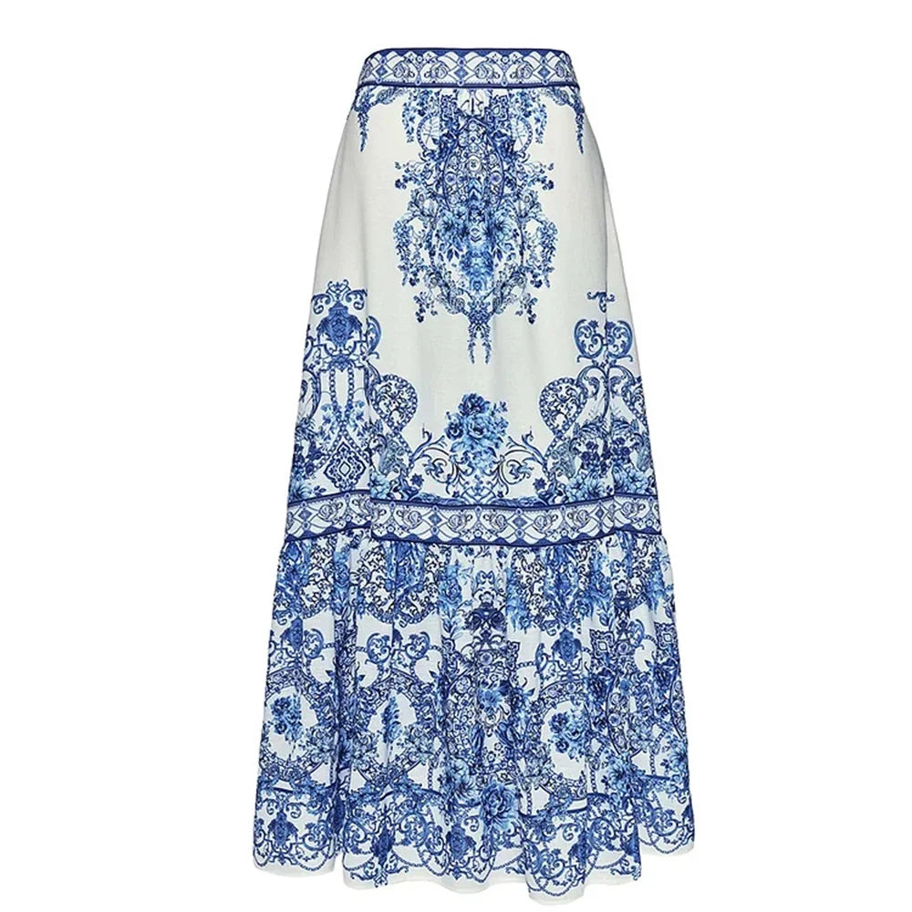 Blue Tile Print Swimsuit with Skirt Cover-Up