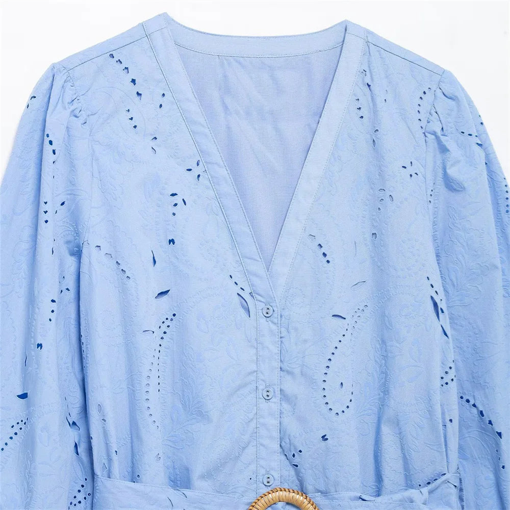 Blue V-Neck Embroidered Mini Dress LAPANIA
