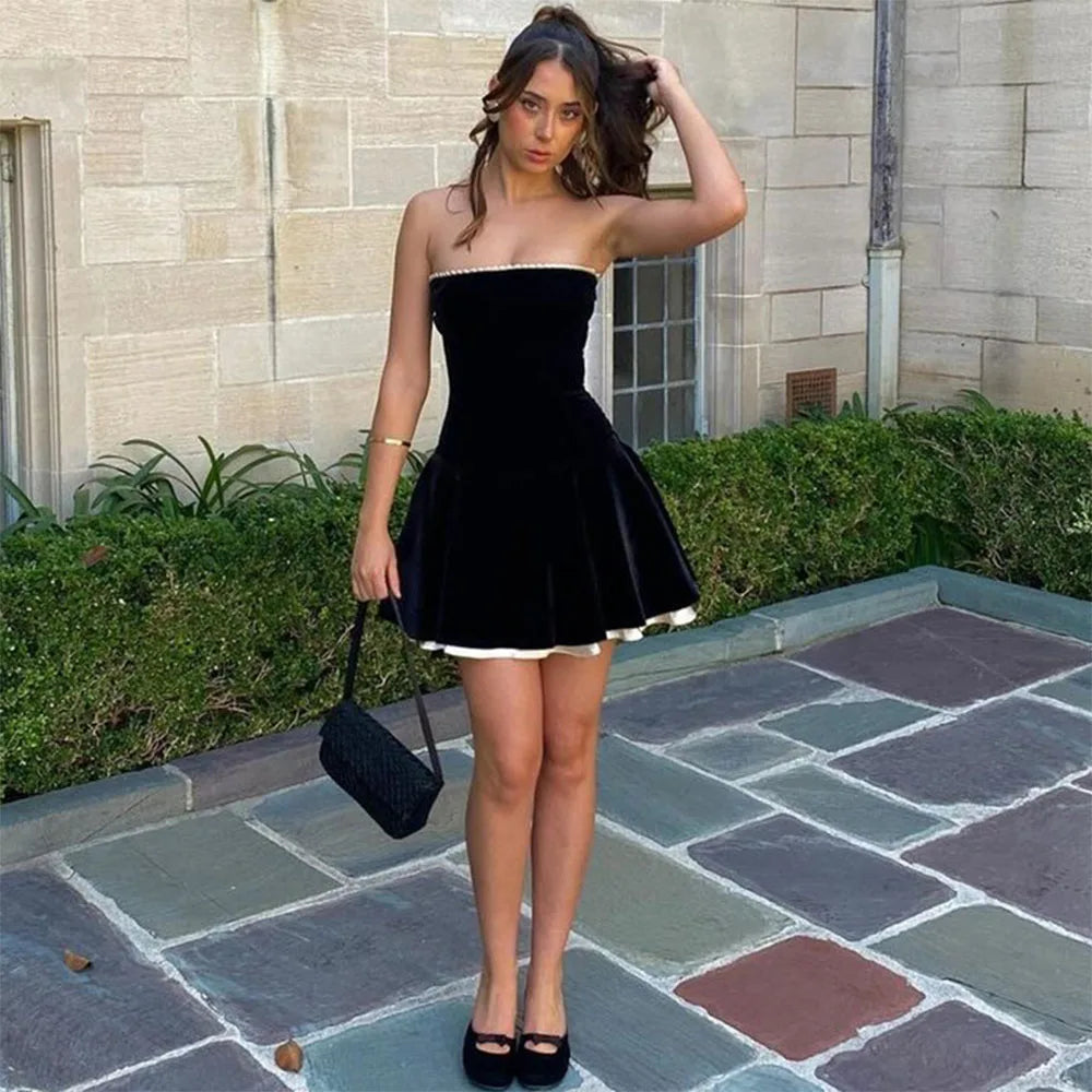 Black Strapless Lace-Up Mini Dress LAPANIA