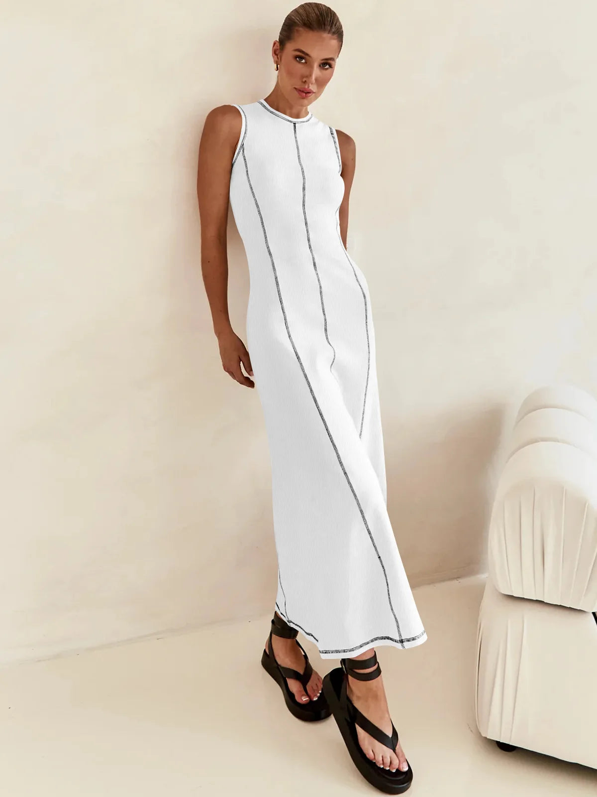 Sleeveless Contrast Ribbed Knit Maxi Dress LAPANIA