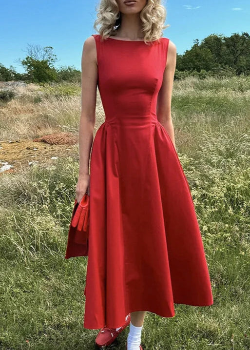 Red Pleated Long Dress with Wide Neckline LAPANIA