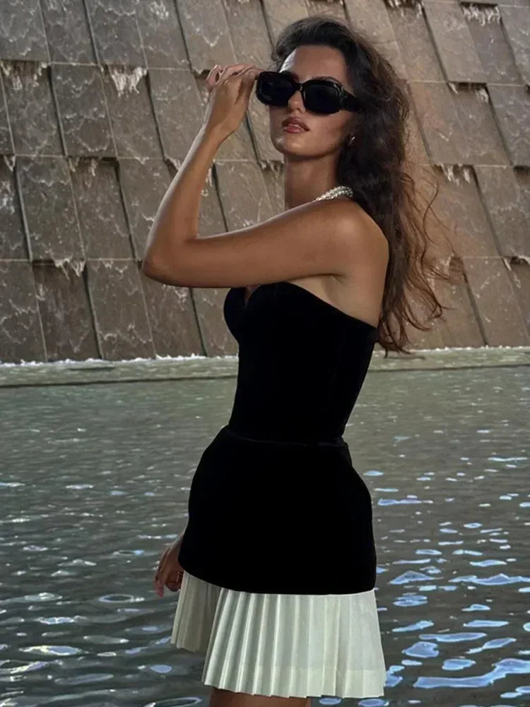 Black Velvet Pleated Hem Mini Dress LAPANIA