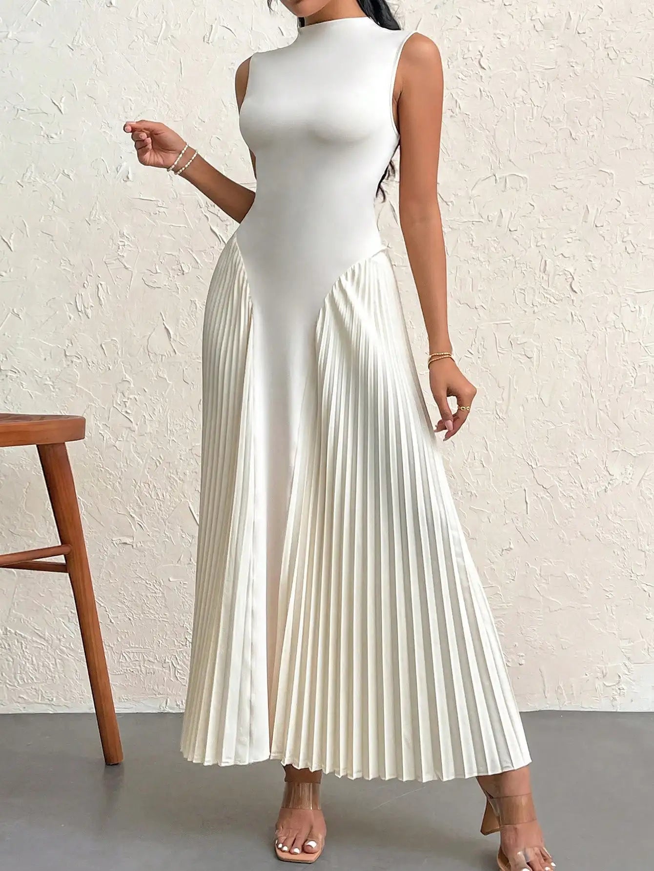 Cream White Pleated Waist Maxi Dress LAPANIA