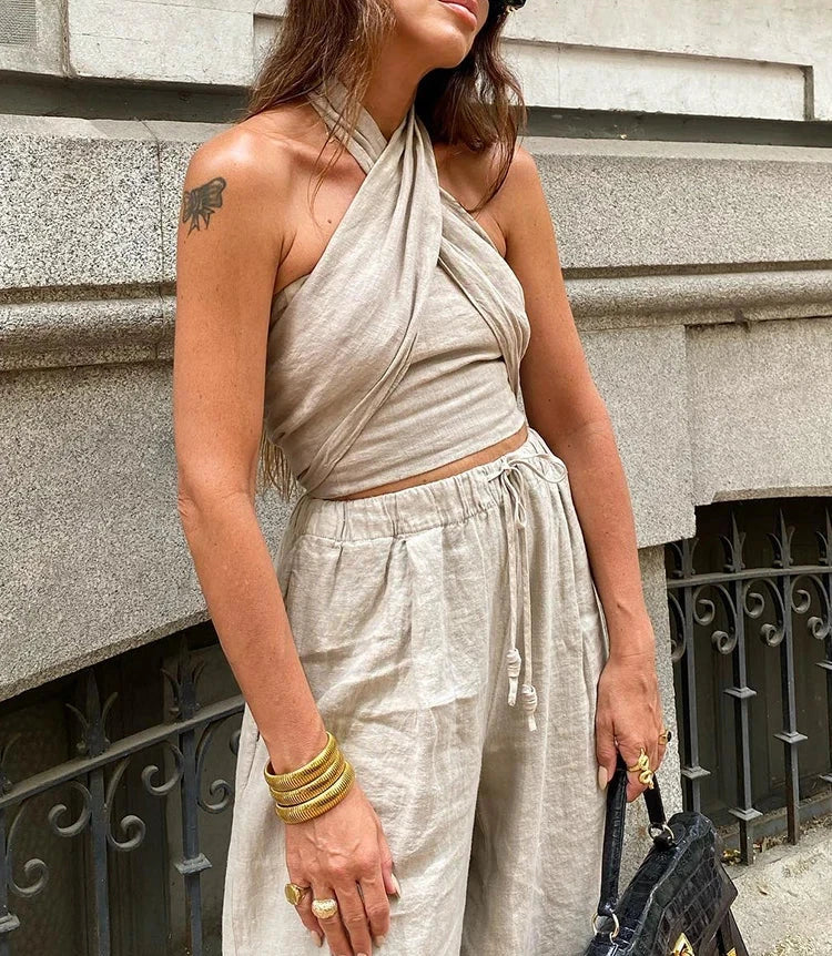 SET Halter Crop Top + Wide Leg Pants LAPANIA