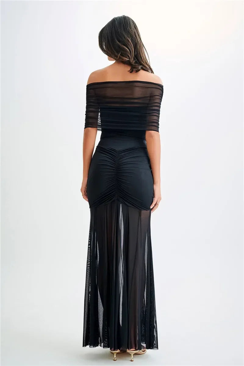 Off-Shoulder Mesh Maxi Dress LAPANIA