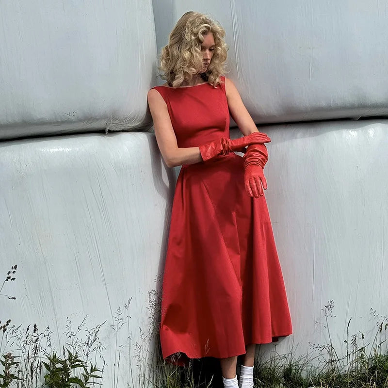 Red Pleated Long Dress with Wide Neckline LAPANIA