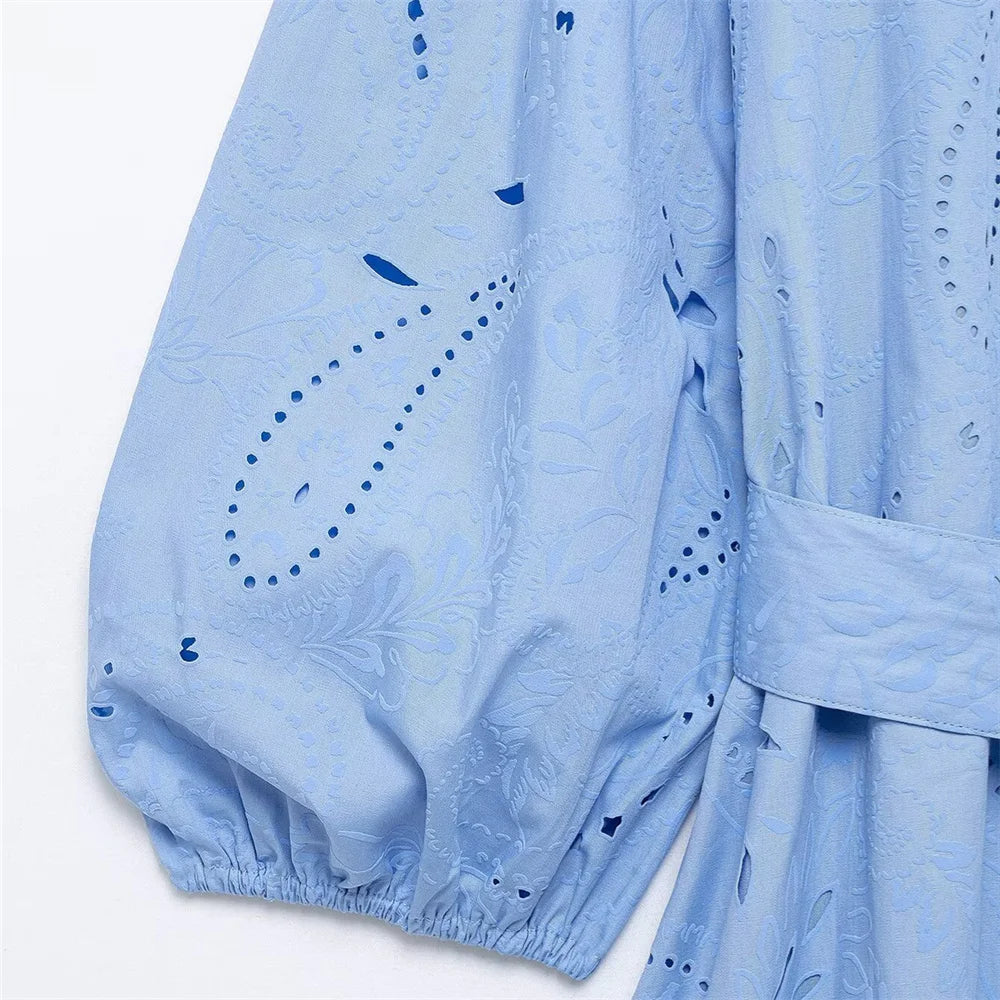 Blue V-Neck Embroidered Mini Dress LAPANIA