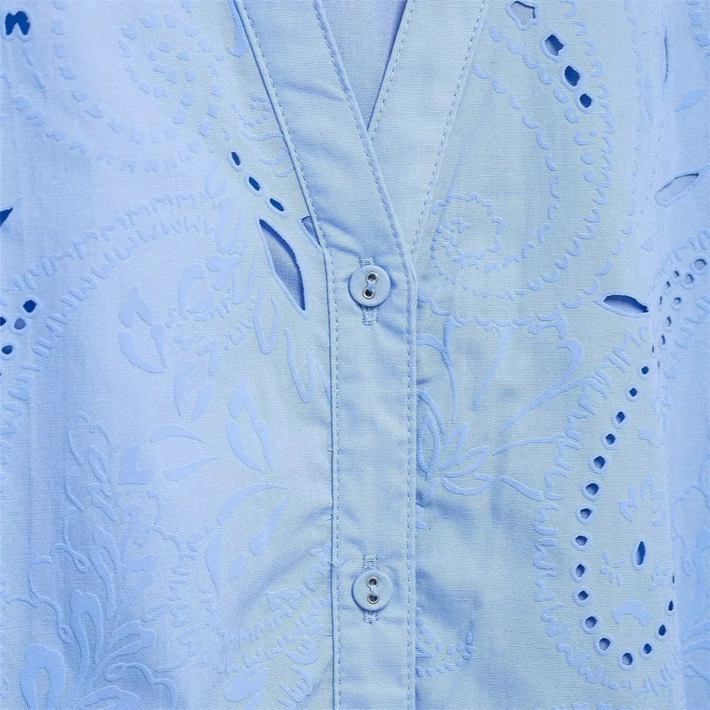 Blue V-Neck Embroidered Mini Dress LAPANIA