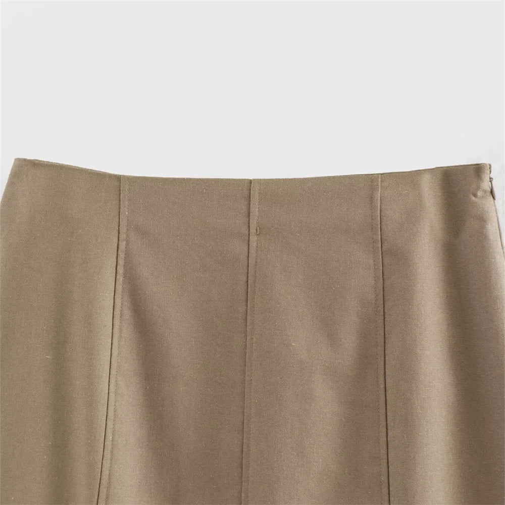Khaki Sleeveless Vest and High-Waist Midi Skirt Set LAPANIA
