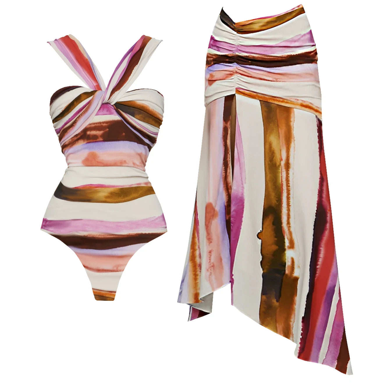Striped swimsuit with a matching skirt on a white background
