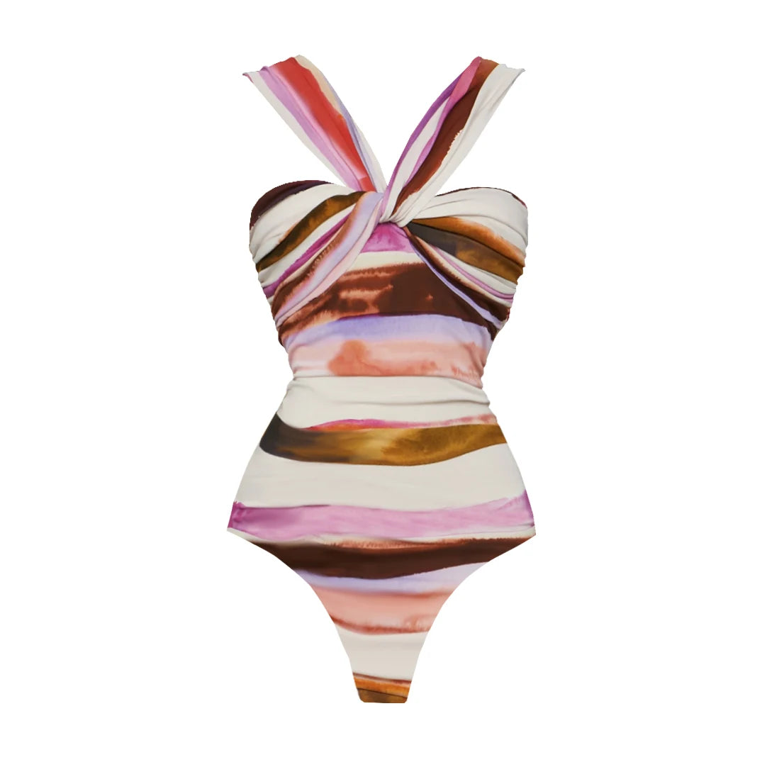 Watercolor Stripe Swimsuit & Asymmetrical Skirt Set