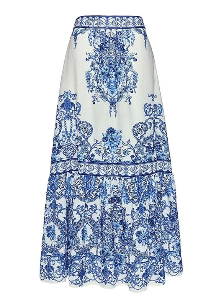 White skirt with blue floral pattern on a white background