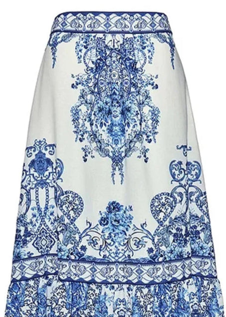 White skirt with blue floral pattern on a white background