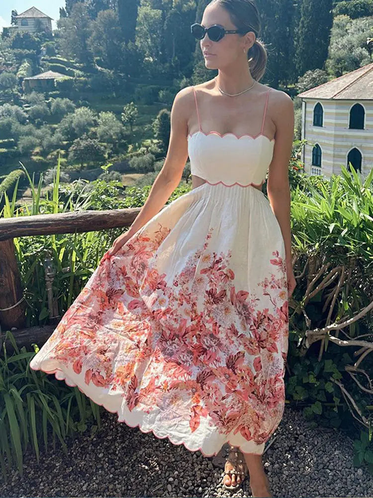 Chic backless red floral midi dress, a must-have for stylish summer wardrobes.