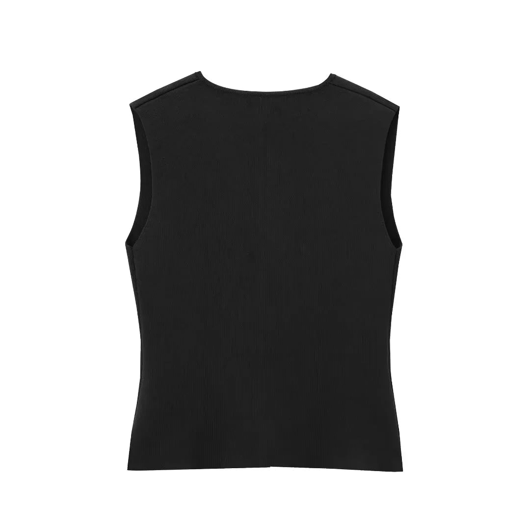ack view of a black basic knit top showing the design and fit.