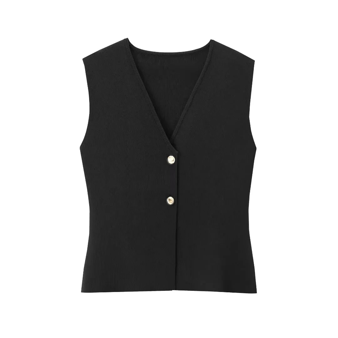 Classic black basic knit top featuring gold button details, a timeless addition to any outfit.