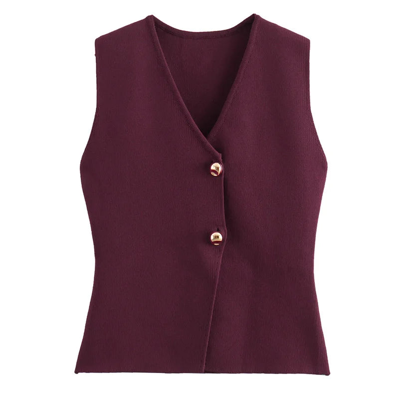 Stylish burgundy basic knit top adorned with gold buttons, ideal for a trendy look.