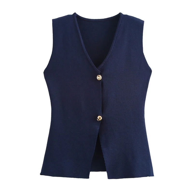 Elegant navy blue basic knit top featuring gold button detailing and a stylish design.