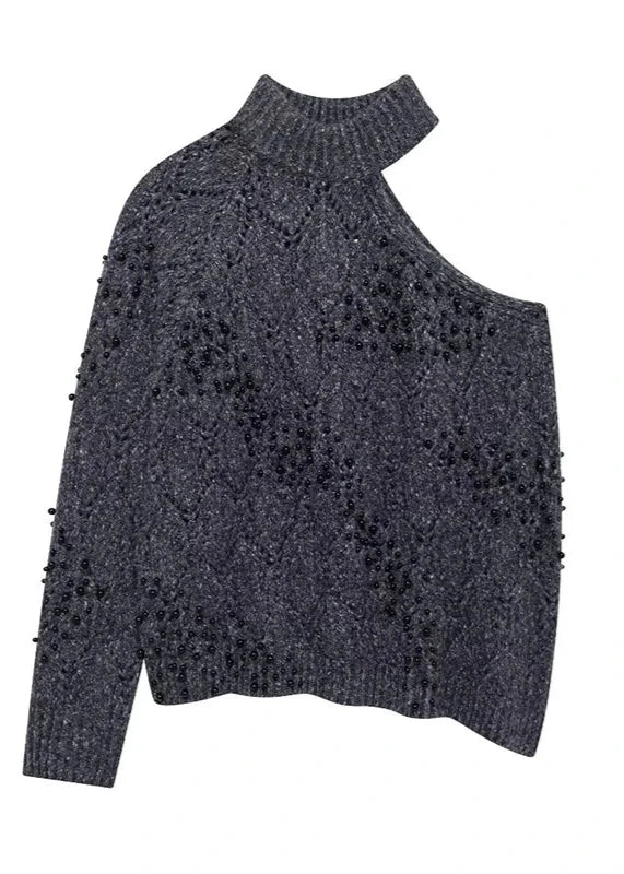 Beaded Grey Hollow-Out Knitted Sweater with One Long Sleeve
