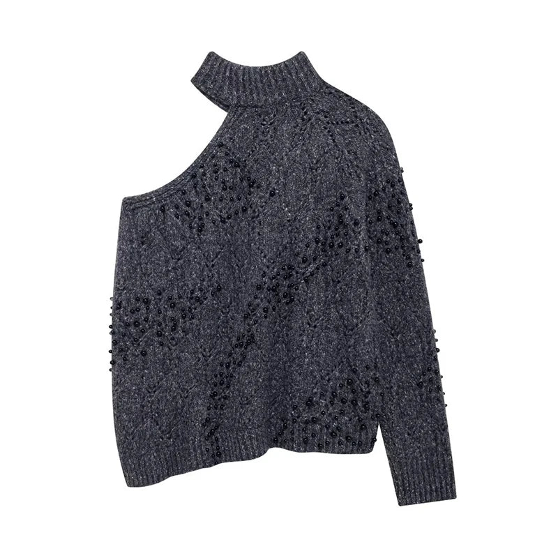Close-up of Beaded Detailing on Grey Knitted Sweater for Fall and Winter