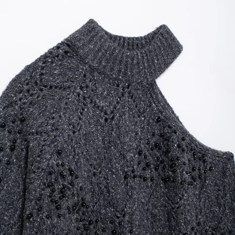 Chic Hollow-Out Knitted Sweater in Grey with One Long Sleeve for Autumn Style