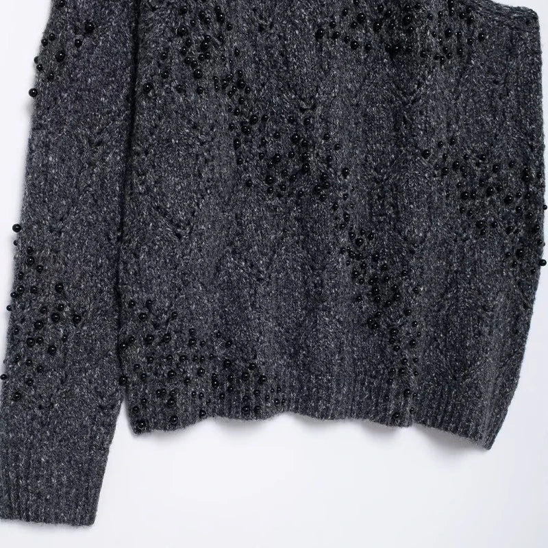 Grey Beaded Hollow-Out Knitted Sweater, Elegant Fall and Winter Look