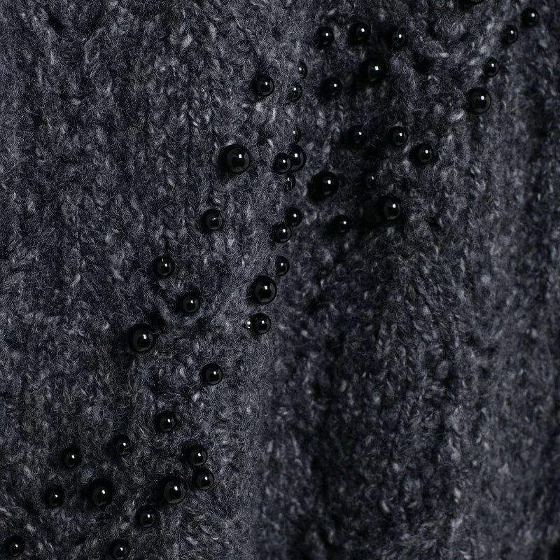 Vintage-Inspired Grey Hollow-Out Sweater with Beading Detail for Casual Chic
